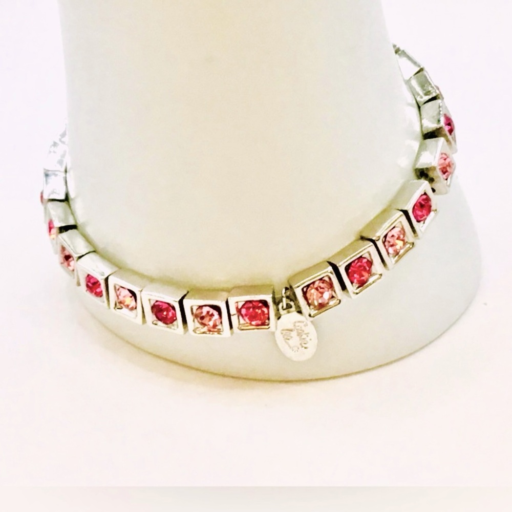 COOKIE LEE Two Tone Silver with Pink Crystals Dainty Stretch Bracelet 7”